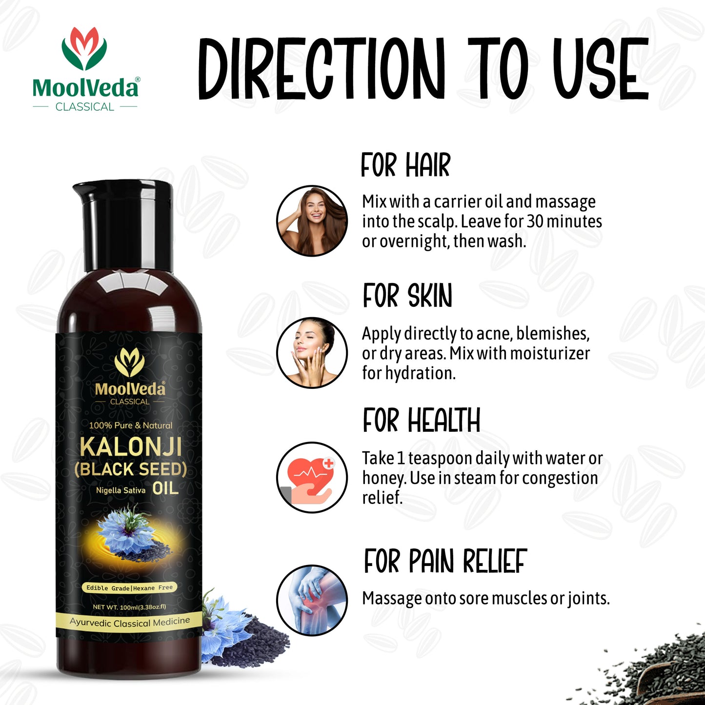 Moolveda Kalonji Oil - Virgin Grade - Black Seed Oil - Nigella Sativa - 100ml